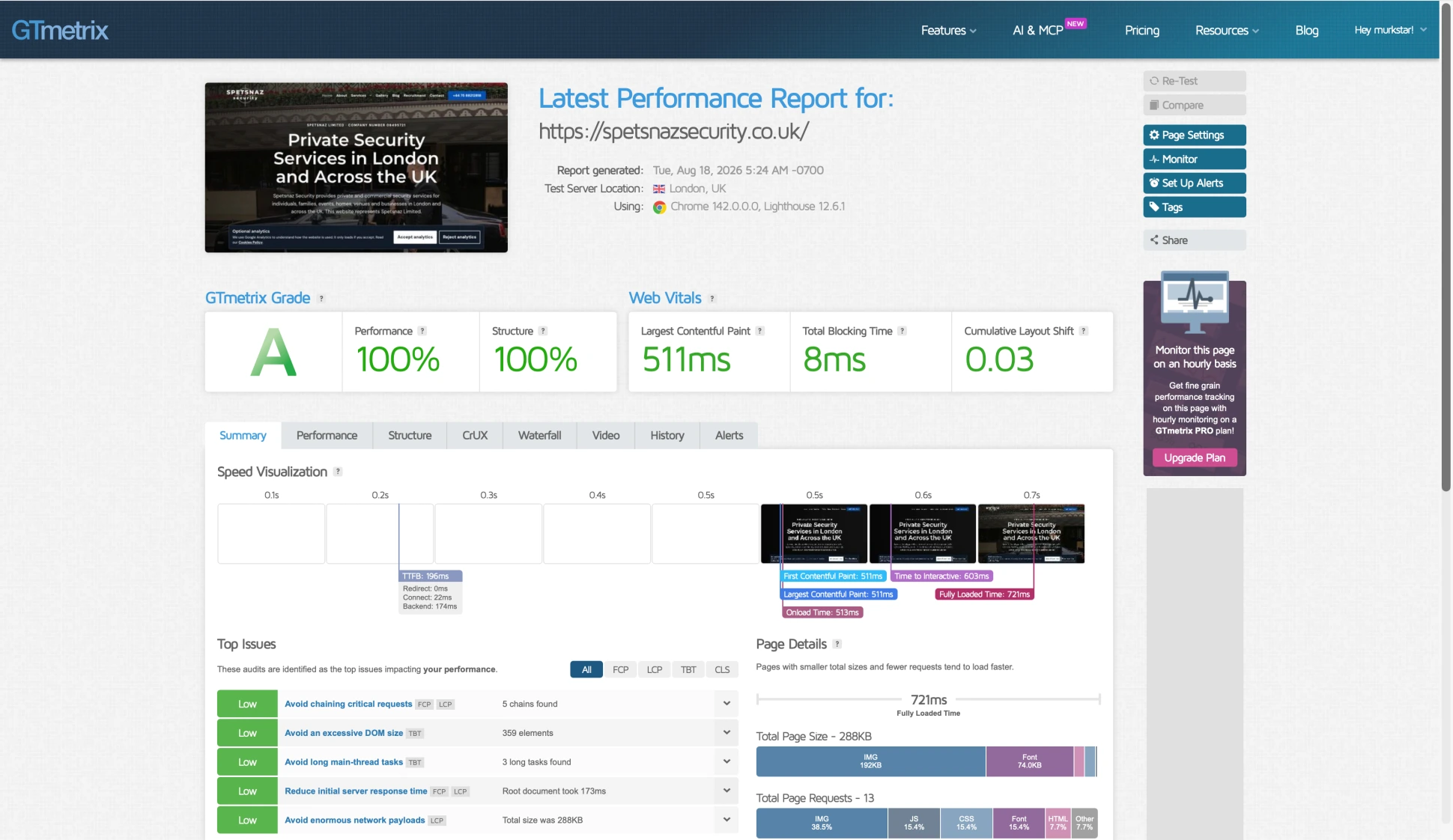 GTmetrix report for the Spetsnaz Security homepage showing Grade A, 100 percent Performance and 100 percent Structure