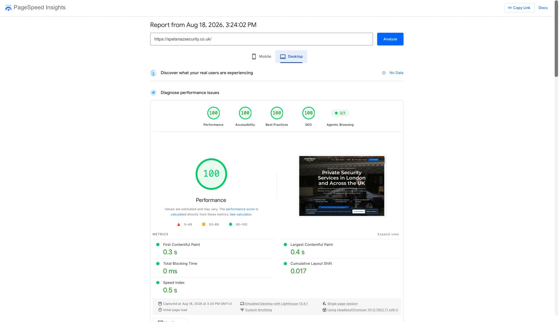 Google PageSpeed Insights desktop report for the Spetsnaz Security homepage showing scores of 100 for Performance, Accessibility, Best Practices and SEO