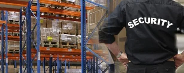 Security officer monitoring pallet racks in a warehouse