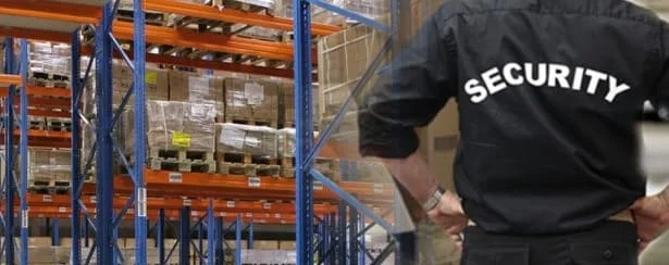 Security officer monitoring pallet racks in a warehouse